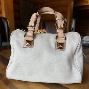 Michael Kors Satchel, Off White with Beige Handles and Gold Accents.